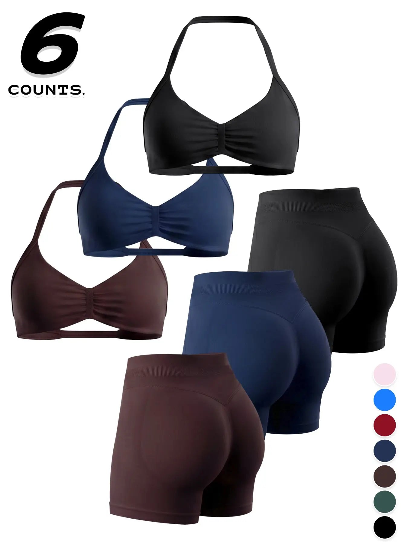 Women'S Sporty 6-Piece Set, Seamless Yoga Outfits, Seamless Comfortable Backless Padded Sports Bra & High-Elastic Yoga Shorts, All-Seasons Activewear