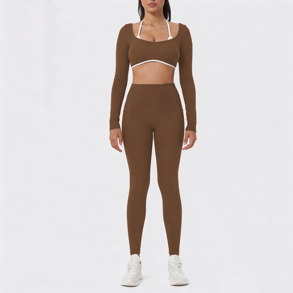 NVWA Women'S Summervibes 2-Piece Seamless Athletic Gym Set - High Waist Leggings, Long Sleeve Crop Top, Halter Bra, Gym Fits, Matching Sets, 2 Piece Sets, Workout Sets for Women, Matching Sets for Women Outdoor Fun,Summerwins