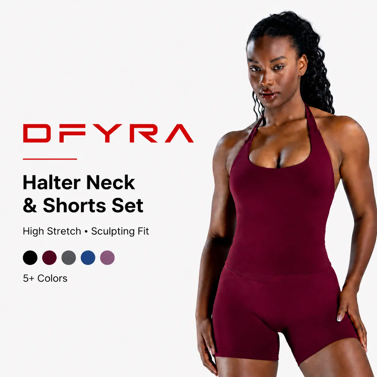 (With Logo) DF Impact Women'S 2-Piece Dry Fit Fitness Clothes Set - Elastic Breathable Fitted Sportswear, Halter Longline Padded Top with Built-In Bra, High Stretch Shorts for Gym Training, Two Piece Set, Workout Sets for Women