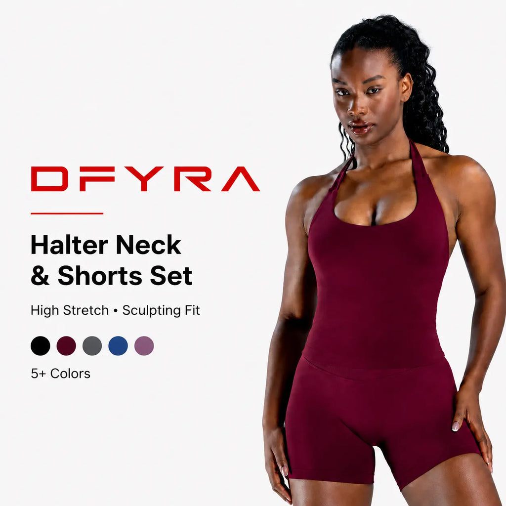(With Logo) DF Impact Women'S 2-Piece Dry Fit Fitness Clothes Set - Elastic Breathable Fitted Sportswear, Halter Longline Padded Top with Built-In Bra, High Stretch Shorts for Gym Training, Two Piece Set, Workout Sets for Women