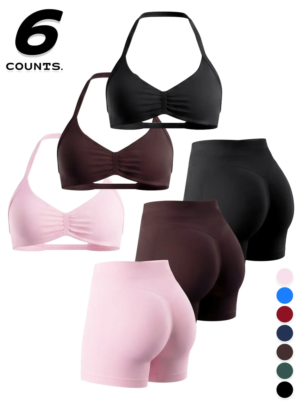 Women'S Sporty 6-Piece Set, Seamless Yoga Outfits, Seamless Comfortable Backless Padded Sports Bra & High-Elastic Yoga Shorts, All-Seasons Activewear