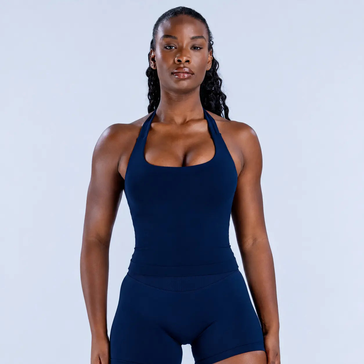 (With Logo) DF Impact Women'S 2-Piece Dry Fit Fitness Clothes Set - Elastic Breathable Fitted Sportswear, Halter Longline Padded Top with Built-In Bra, High Stretch Shorts for Gym Training, Two Piece Set, Workout Sets for Women