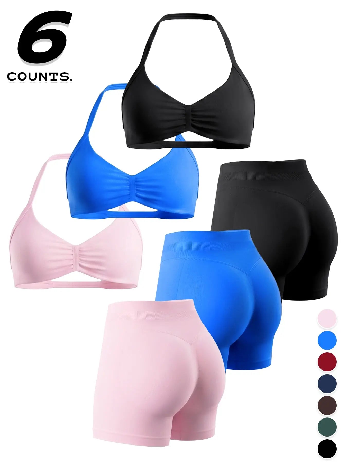 Women'S Sporty 6-Piece Set, Seamless Yoga Outfits, Seamless Comfortable Backless Padded Sports Bra & High-Elastic Yoga Shorts, All-Seasons Activewear
