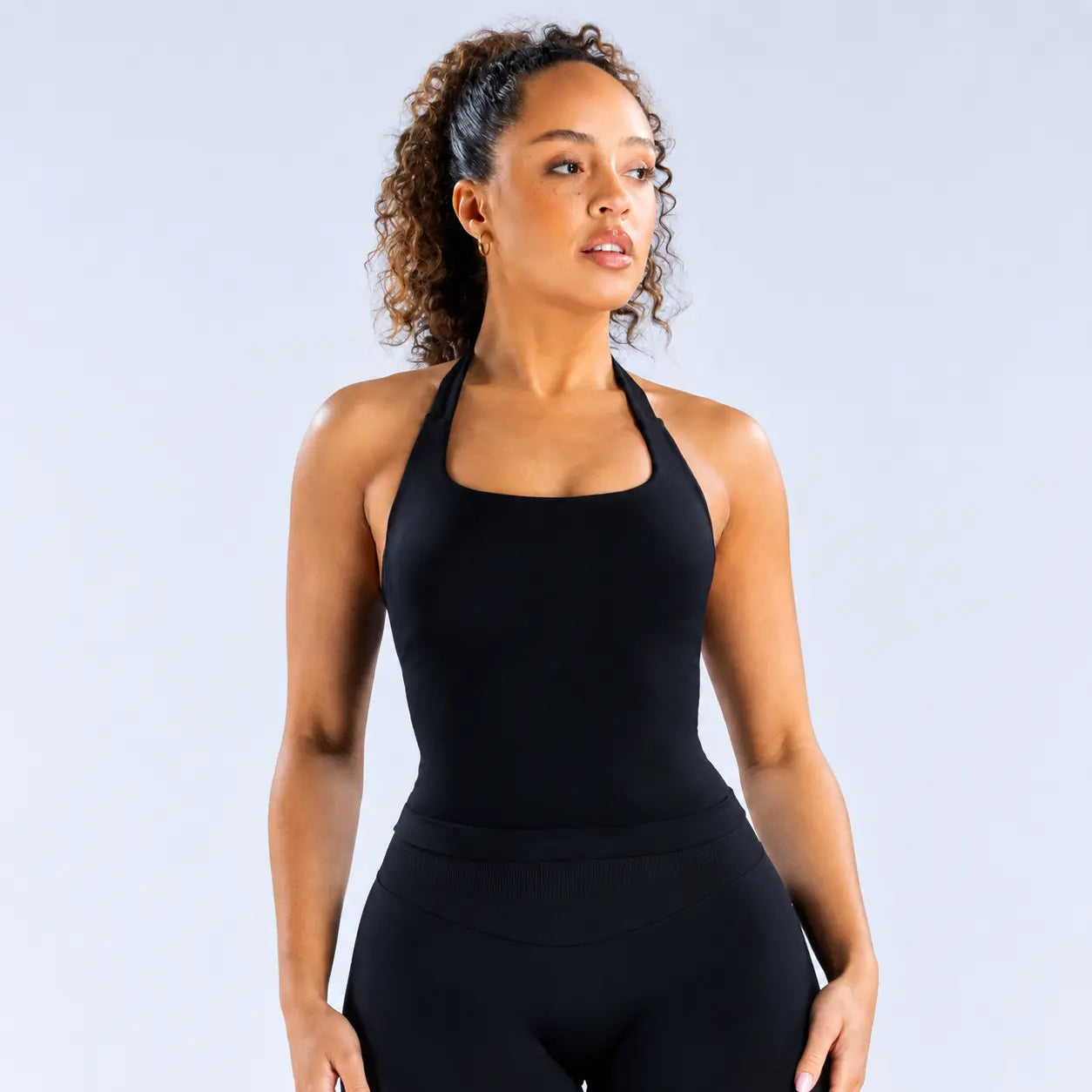 (With Logo) DF Impact Women'S 2-Piece Dry Fit Fitness Clothes Set - Elastic Breathable Fitted Sportswear, Halter Longline Padded Top with Built-In Bra, High Stretch Shorts for Gym Training, Two Piece Set, Workout Sets for Women