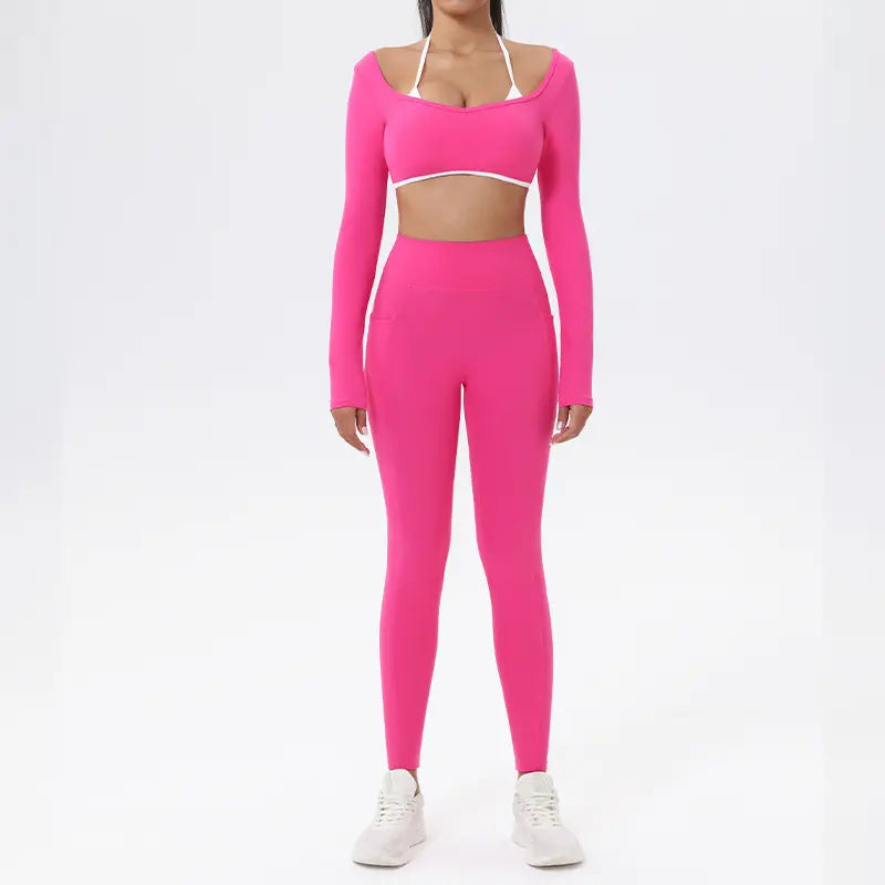 NVWA Women'S Summervibes 2-Piece Seamless Athletic Gym Set - High Waist Leggings, Long Sleeve Crop Top, Halter Bra, Gym Fits, Matching Sets, 2 Piece Sets, Workout Sets for Women, Matching Sets for Women Outdoor Fun,Summerwins