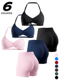 Women'S Sporty 6-Piece Set, Seamless Yoga Outfits, Seamless Comfortable Backless Padded Sports Bra & High-Elastic Yoga Shorts, All-Seasons Activewear